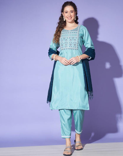 Teal Blue Silk Embroidery Straight Kurta Set