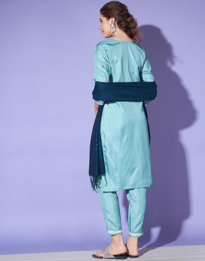 Teal Blue Silk Embroidery Straight Kurta Set