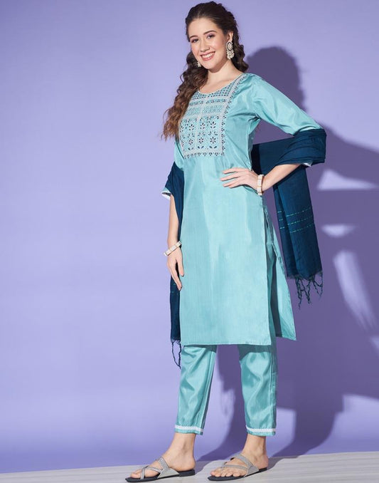 Teal Blue Silk Embroidery Straight Kurta Set