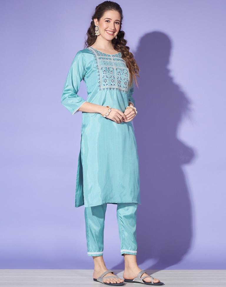 Teal Blue Silk Embroidery Straight Kurta Set