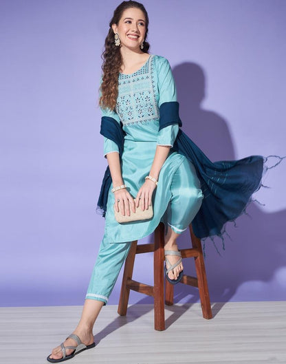 Teal Blue Silk Embroidery Straight Kurta Set