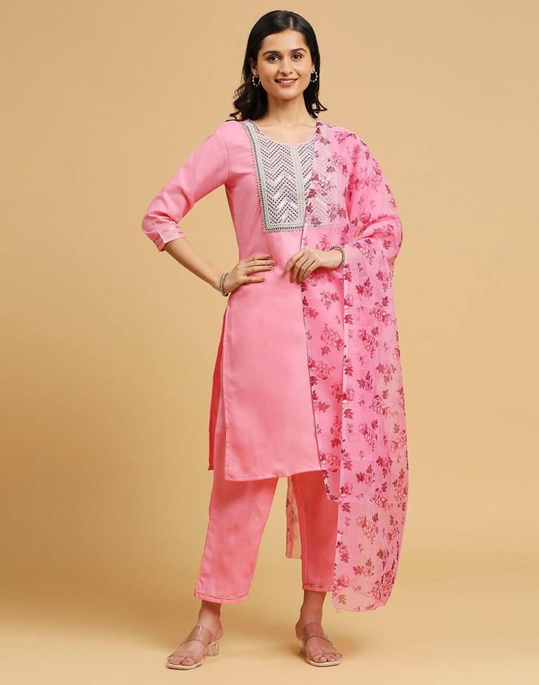 Pink Cotton Embroidery Straight Kurta Set