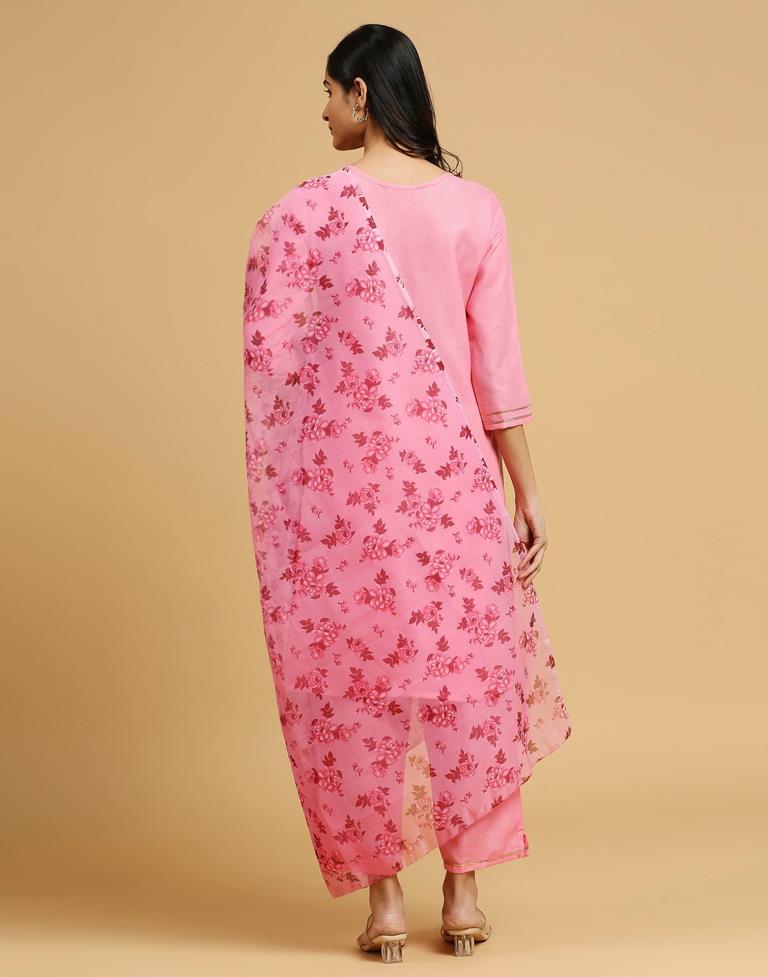 Pink Cotton Embroidery Straight Kurta Set