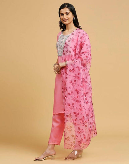 Pink Cotton Embroidery Straight Kurta Set