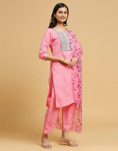 Pink Cotton Embroidery Straight Kurta Set