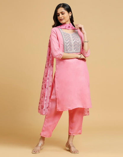 Pink Cotton Embroidery Straight Kurta Set