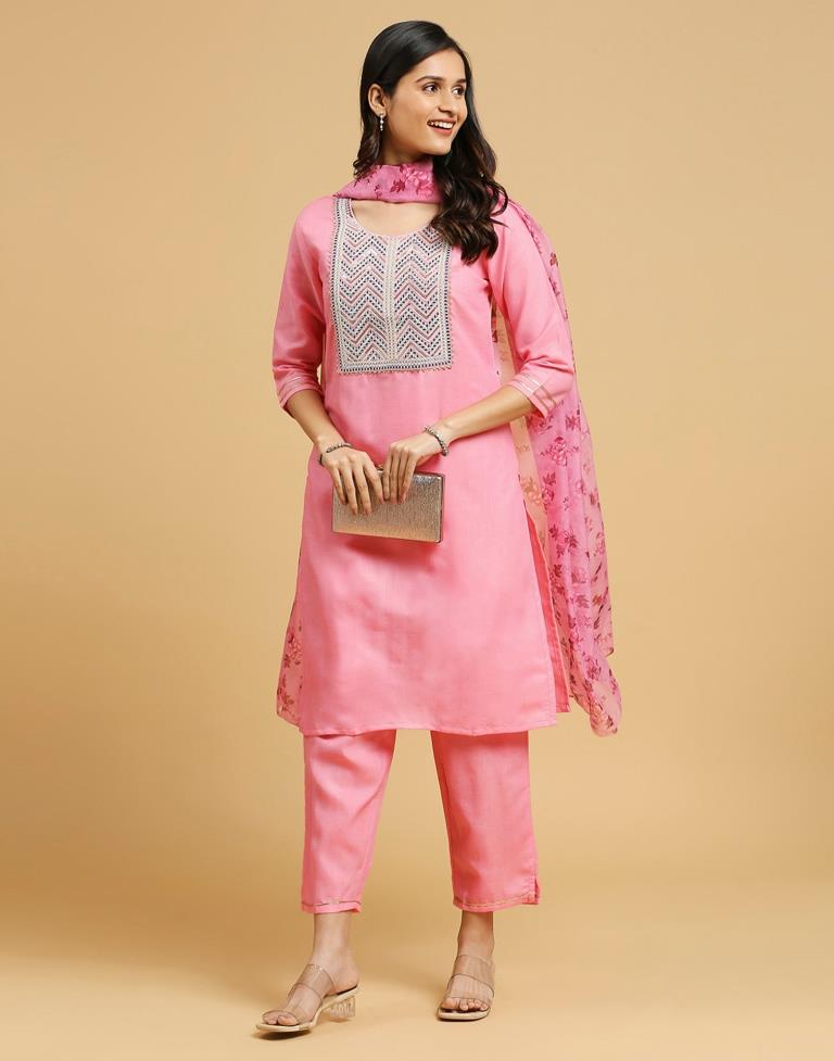 Pink Cotton Embroidery Straight Kurta Set