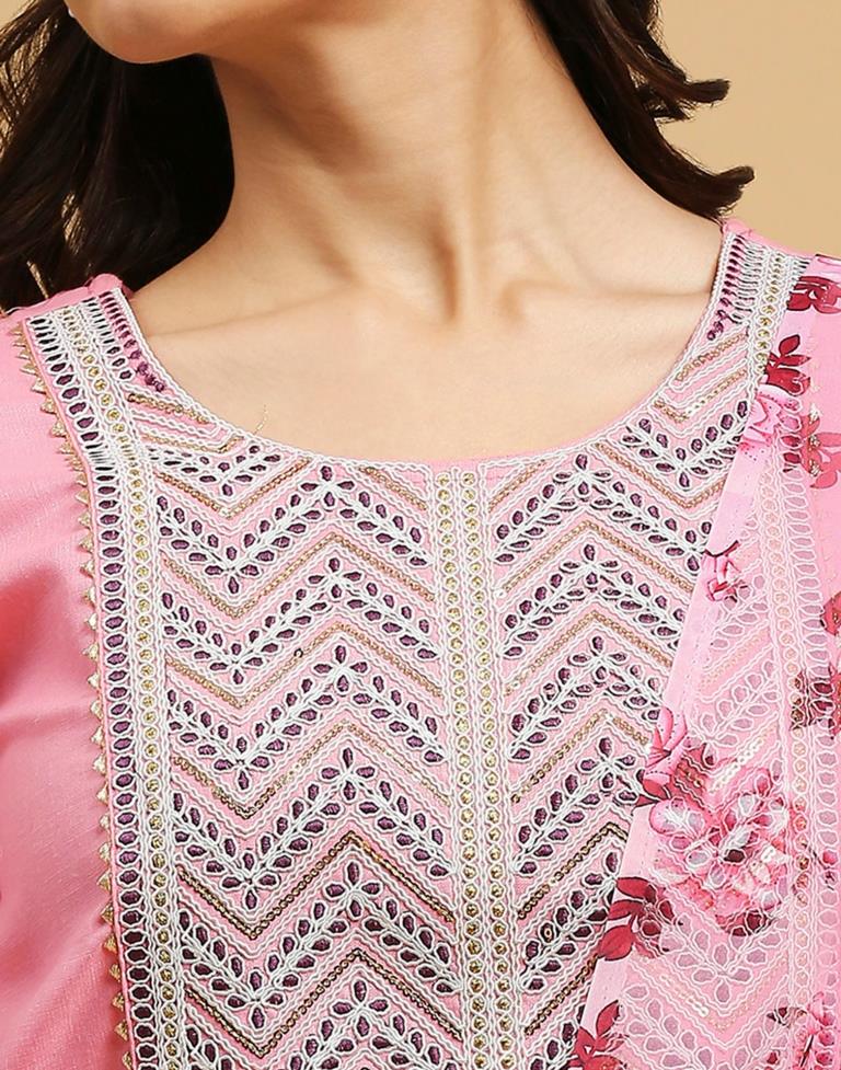 Pink Cotton Embroidery Straight Kurta Set