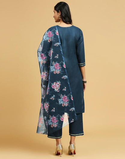 Rama Blue Cotton Embroidery Straight Kurta Set