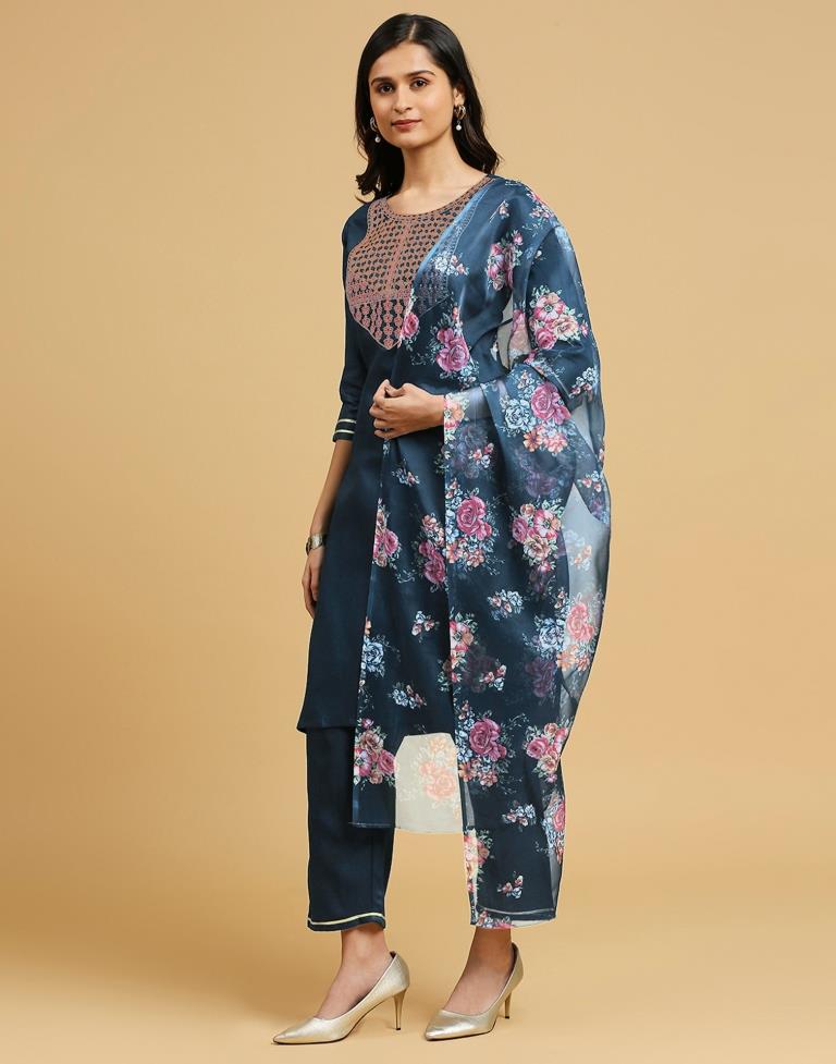 Rama Blue Cotton Embroidery Straight Kurta Set