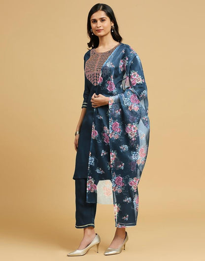 Rama Blue Cotton Embroidery Straight Kurta Set