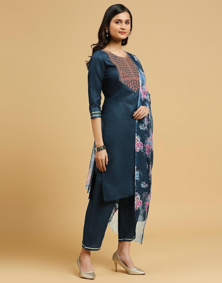 Rama Blue Cotton Embroidery Straight Kurta Set