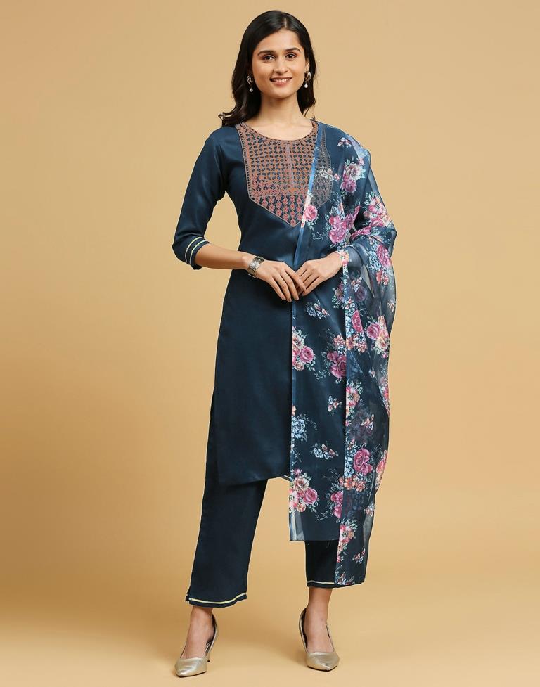 Rama Blue Cotton Embroidery Straight Kurta Set