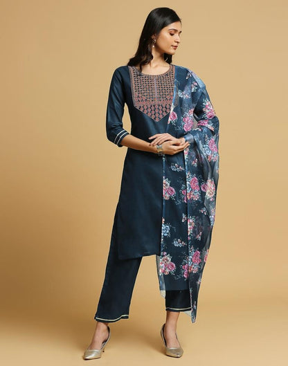 Rama Blue Cotton Embroidery Straight Kurta Set