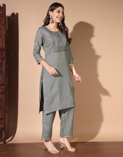 Grey Cotton Embroidery Straight Kurta Set