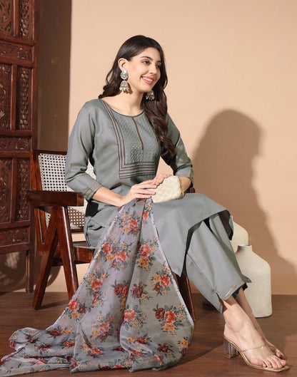 Grey Cotton Embroidery Straight Kurta Set