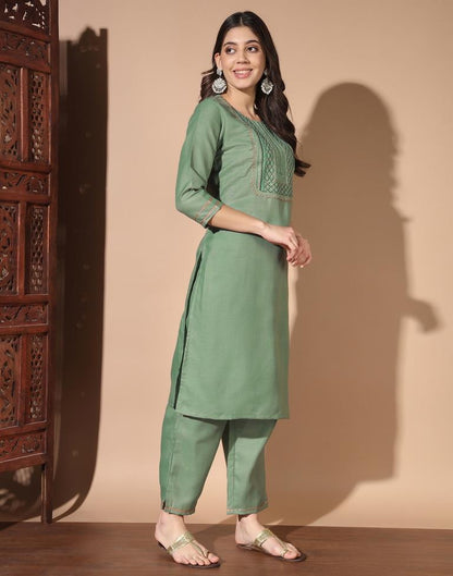 Pista Green Cotton Embroidery Straight Kurta Set