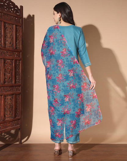 Blue Cotton Printed Kurta Set With Dupatta