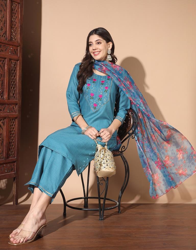 Blue Cotton Printed Kurta Set With Dupatta