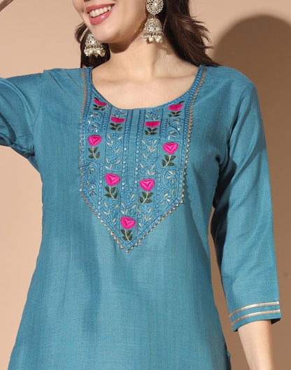 Blue Cotton Printed Kurta Set With Dupatta