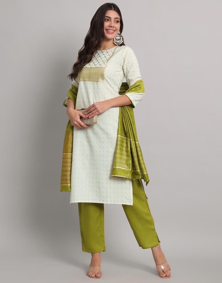 White Cotton Plain Kurta Set With Dupatta
