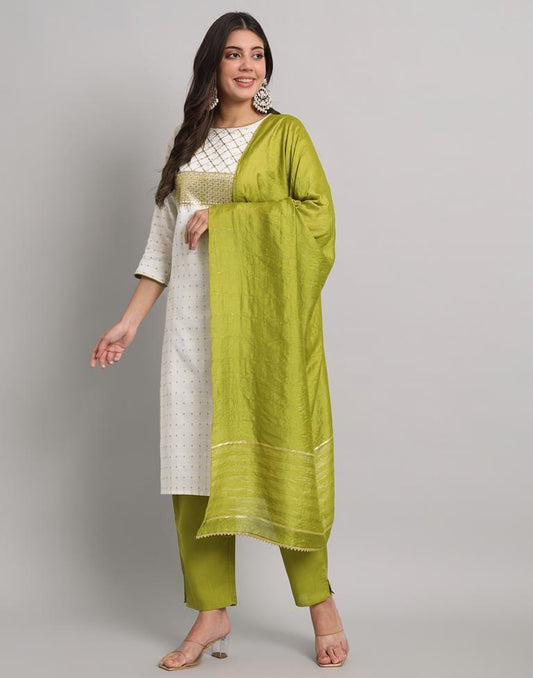 White Cotton Plain Kurta Set With Dupatta