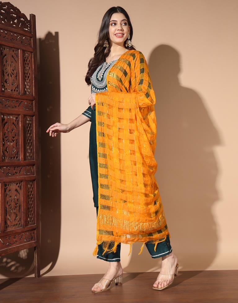 Green Cotton Printed Kurta Set With Dupatta