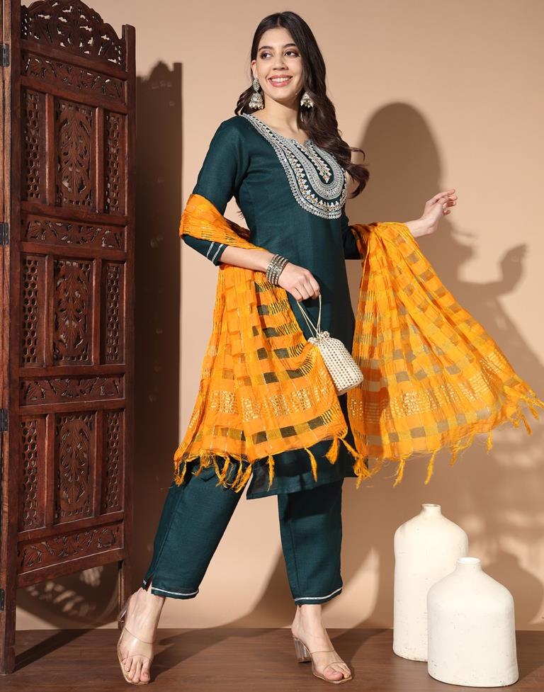 Green Cotton Printed Kurta Set With Dupatta