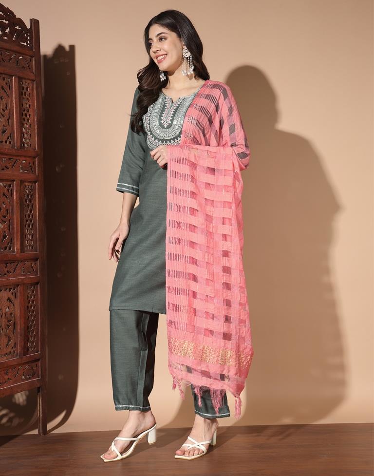 Grey Cotton Printed Kurta Set With Dupatta