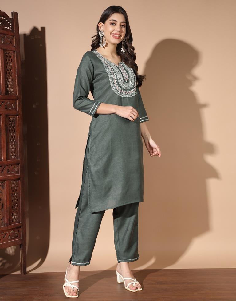 Grey Cotton Printed Kurta Set With Dupatta