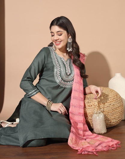 Grey Cotton Printed Kurta Set With Dupatta