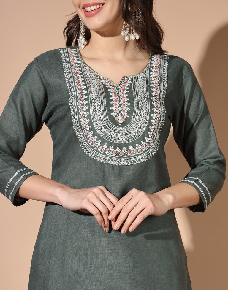 Grey Cotton Printed Kurta Set With Dupatta