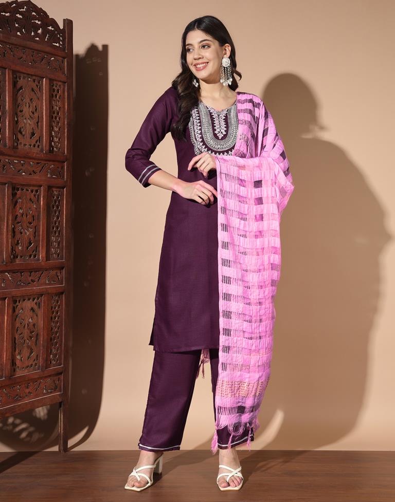 Wine Cotton Printed Kurta Set With Dupatta