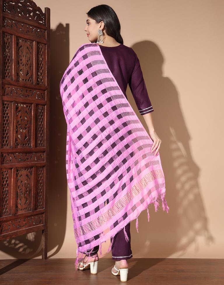Wine Cotton Printed Kurta Set With Dupatta