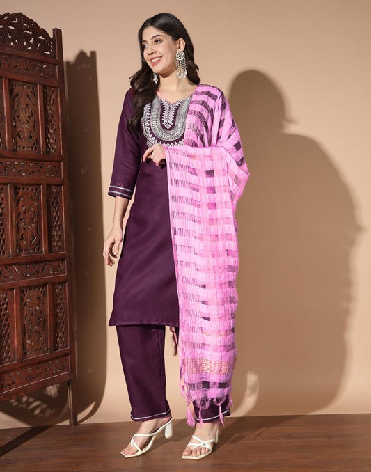 Wine Cotton Printed Kurta Set With Dupatta