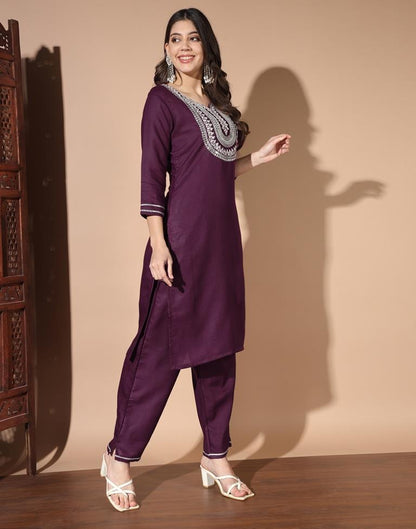 Wine Cotton Printed Kurta Set With Dupatta