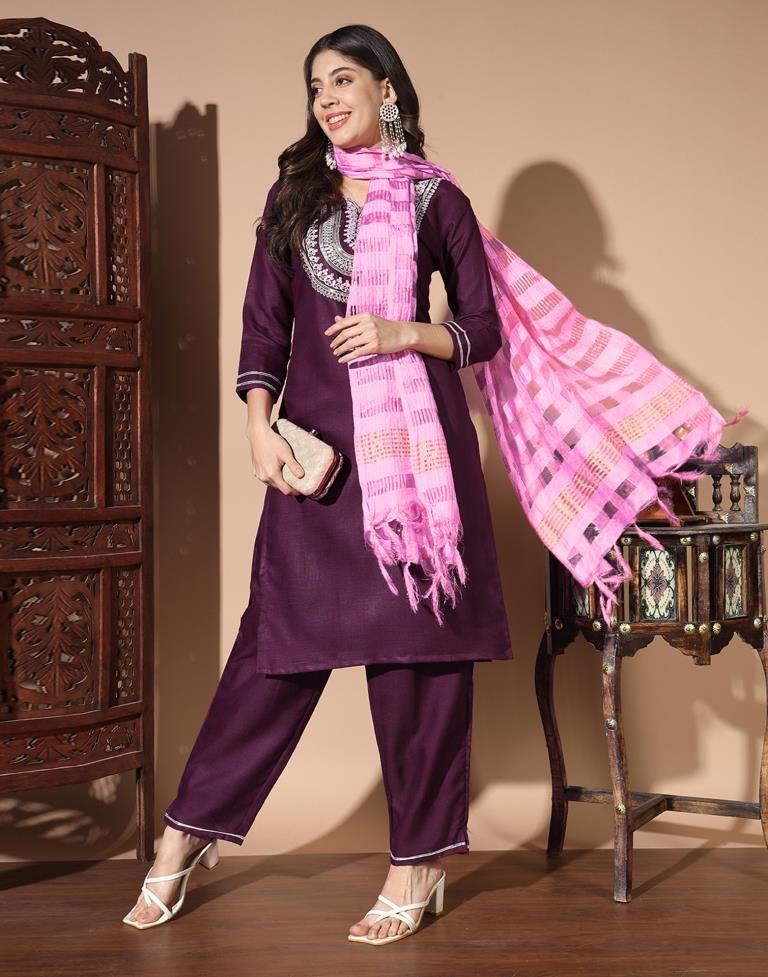 Wine Cotton Printed Kurta Set With Dupatta