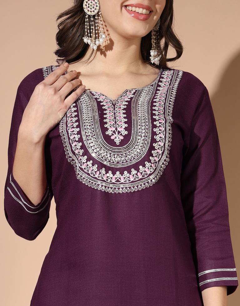 Wine Cotton Printed Kurta Set With Dupatta