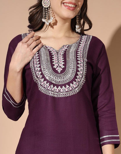 Wine Cotton Printed Kurta Set With Dupatta