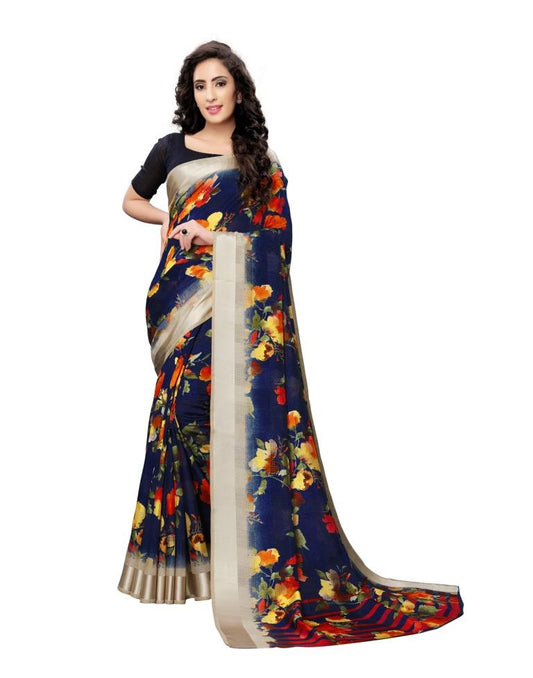 Blue Printed Silk Saree