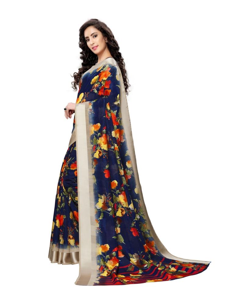 Blue Printed Silk Saree