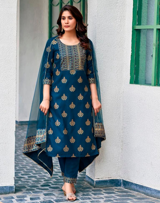 Teal Blue Cotton Kurta Set with Dupatta