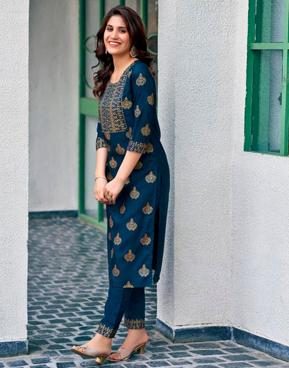 Teal Blue Cotton Kurta Set with Dupatta