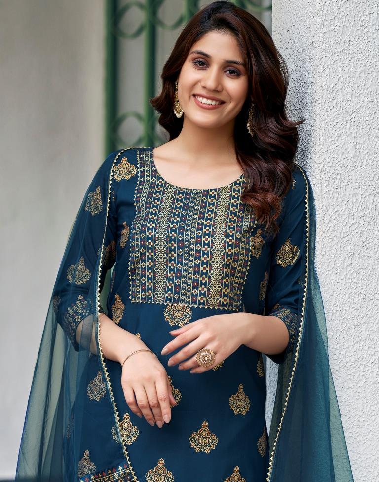 Teal Blue Cotton Kurta Set with Dupatta