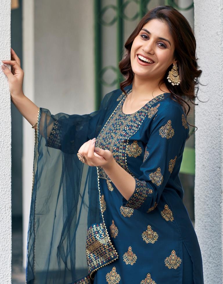 Teal Blue Cotton Kurta Set with Dupatta