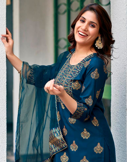 Teal Blue Cotton Kurta Set with Dupatta