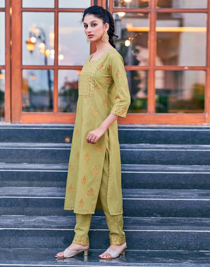 Khaki Printed Cotton Straight Kurta Set with Dupatta