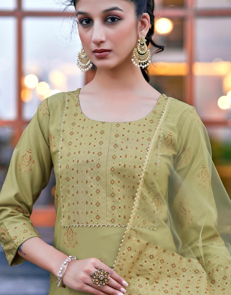 Khaki Printed Cotton Straight Kurta Set with Dupatta