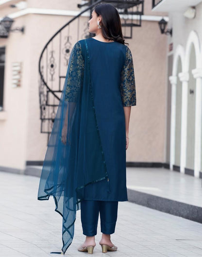 Sea Blue Polyester Printed Straight Kurta Set