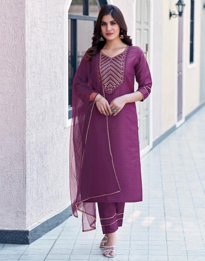 Wine Embroidery Straight Kurta Set